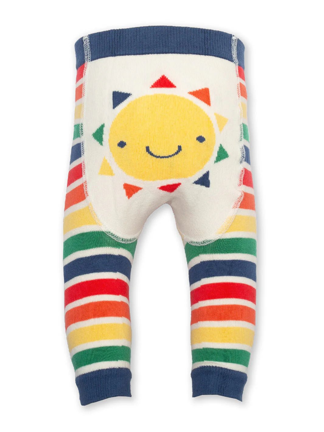 Children's leggings with a sun design and rainbow stripes on a white background