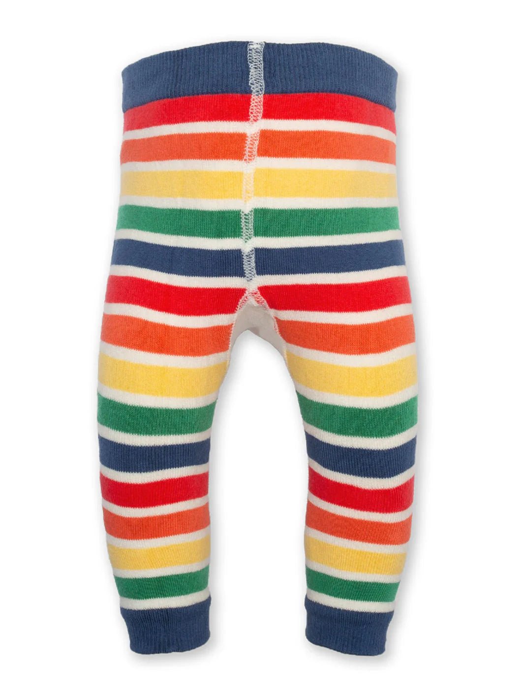 Colorful striped baby leggings on a white background