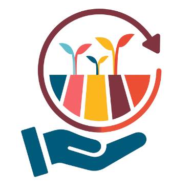 Colorful icon of a hand holding a pot with plants, symbolizing care and nurturing.