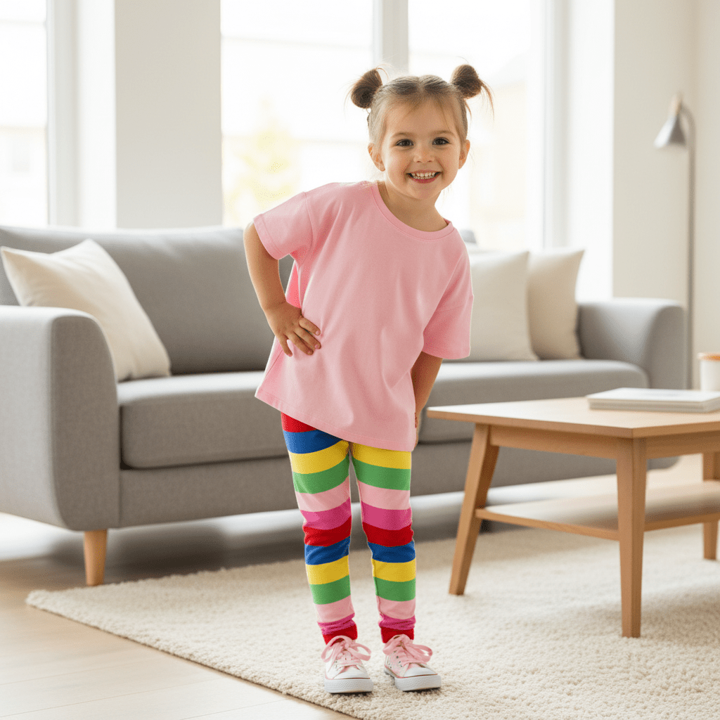 Child wearing a pink shirt and colorful striped leggings standing in a living room.