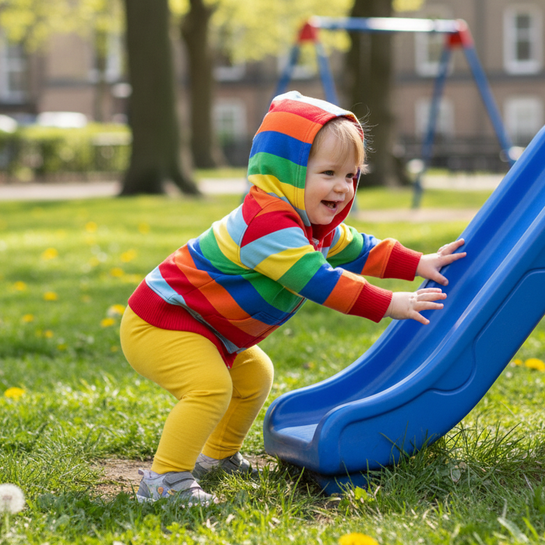 Child in a colorful striped outfit playing on a blue slide in a park.