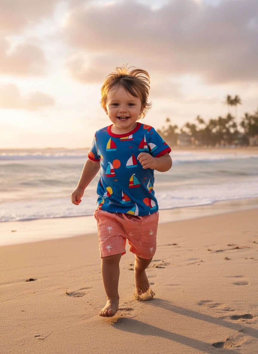 Child in colorful shirt and shorts walking on a beach with sunset in the background