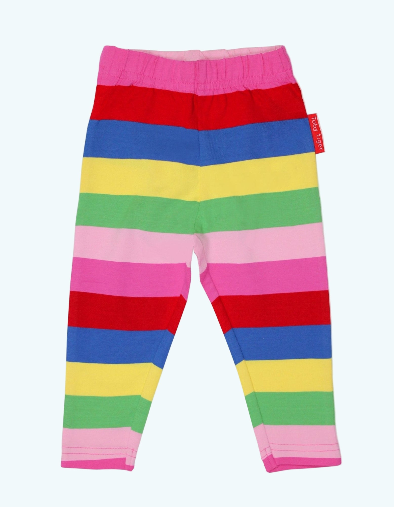 Colorful striped leggings with a pink waistband on a white background