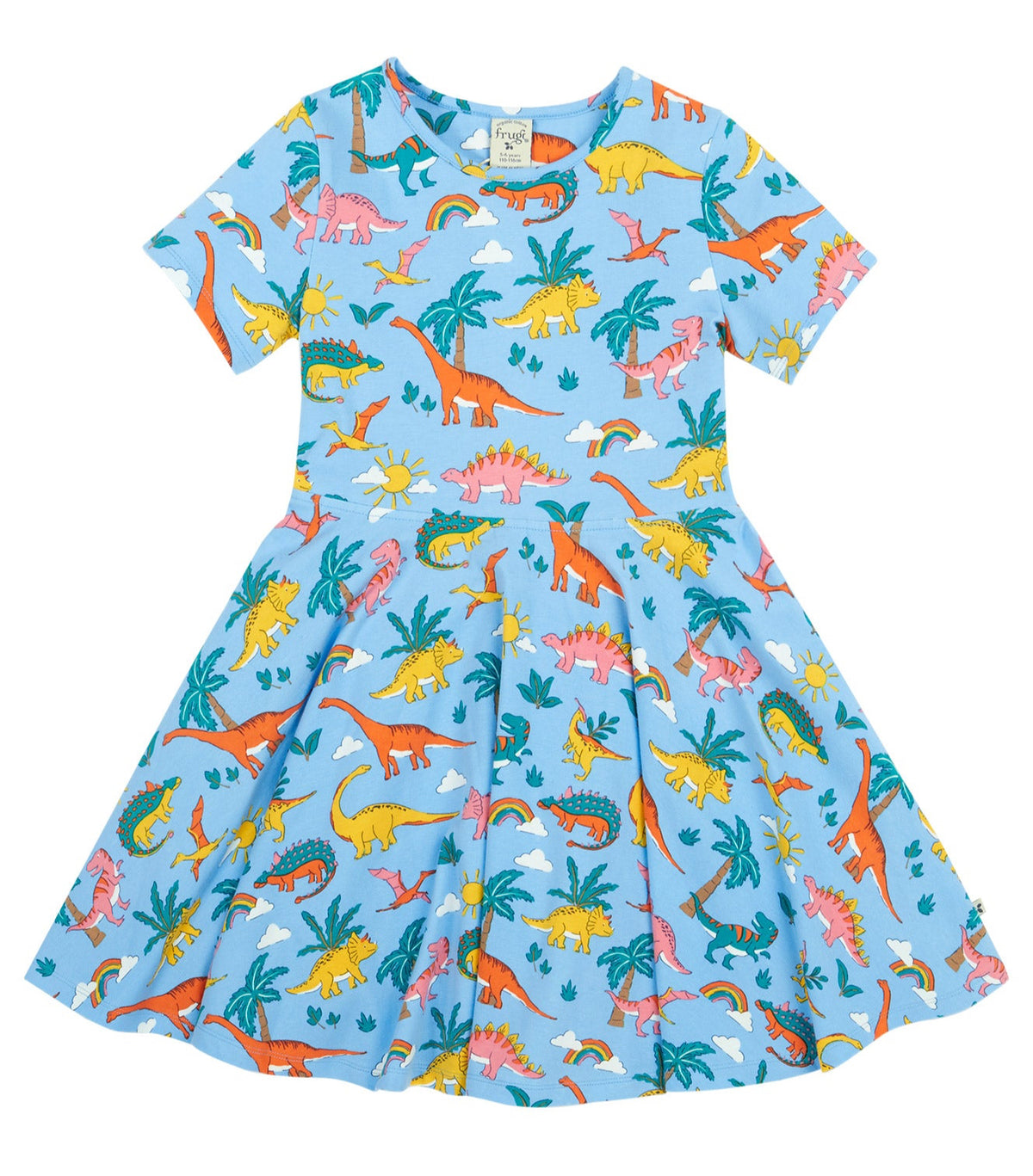 Children's dress with colorful dinosaur pattern on a blue background