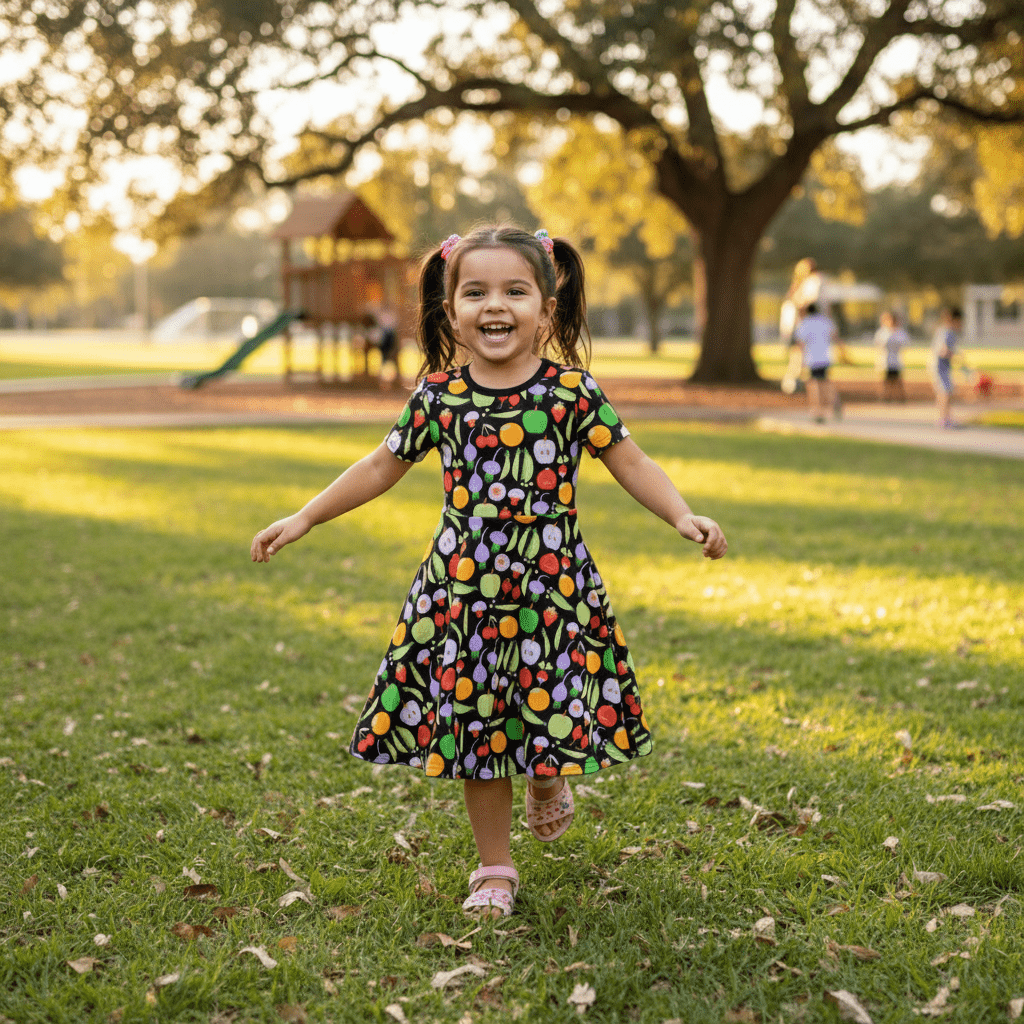 Child in a colorful dress running on grass with playground in the background