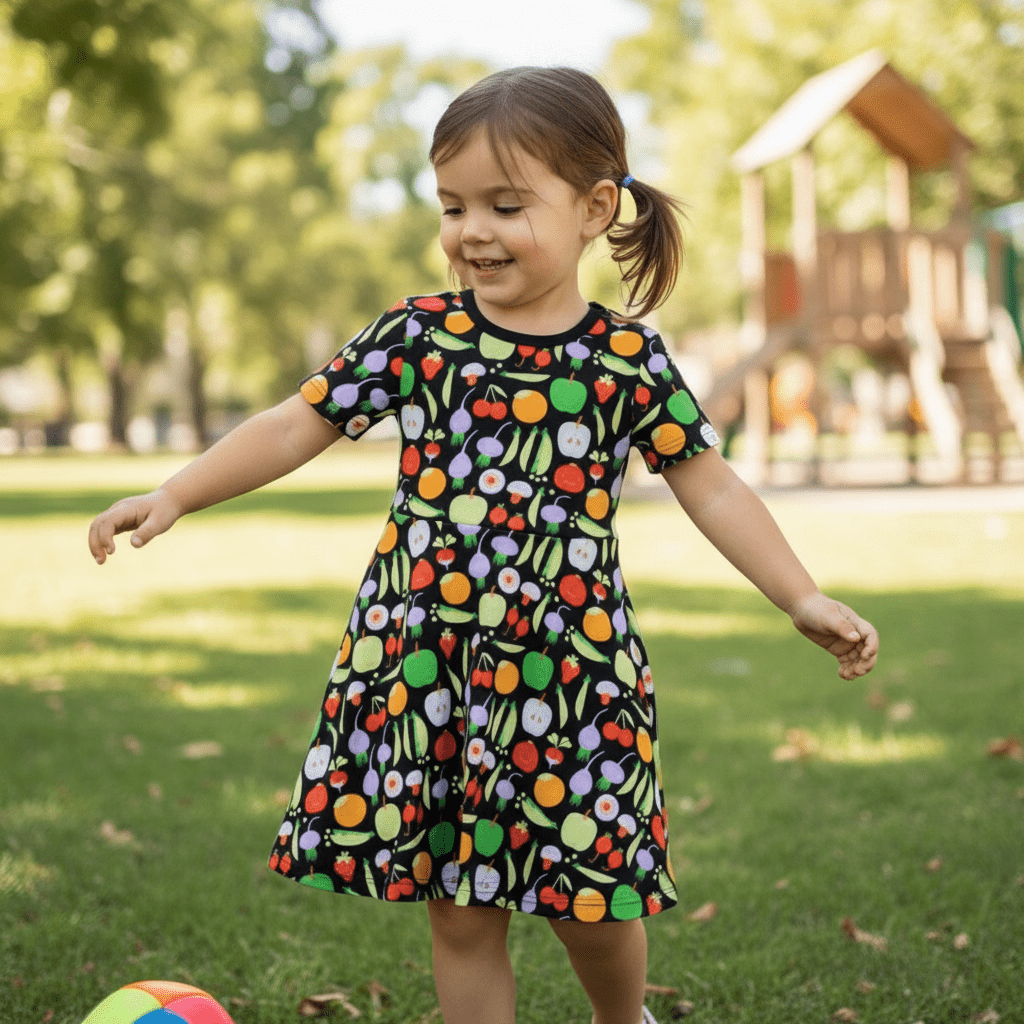 Child wearing a colorful dress with fruit pattern outdoors on grass
