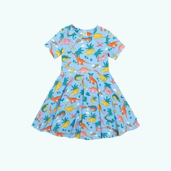 Frugi Bluebird Dinoland Sunshine Skater Dress Certified Organic Cotton - Dresses