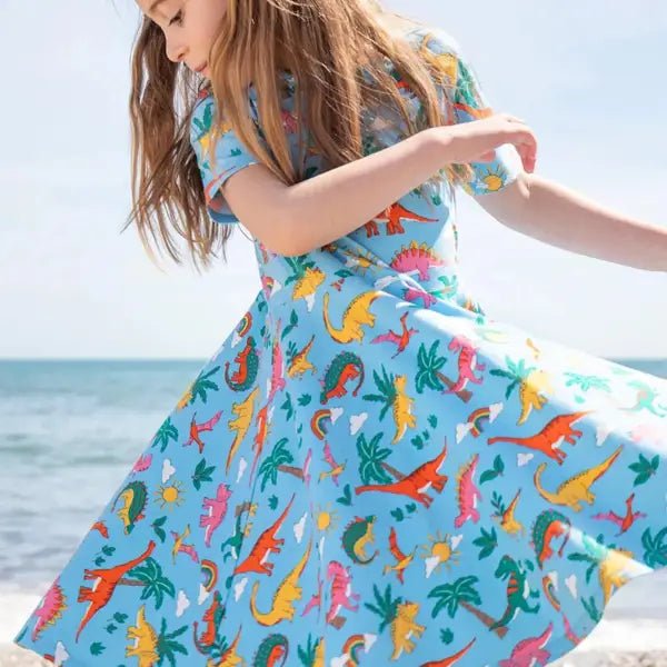 Frugi Bluebird Dinoland Sunshine Skater Dress Certified Organic Cotton - Dresses