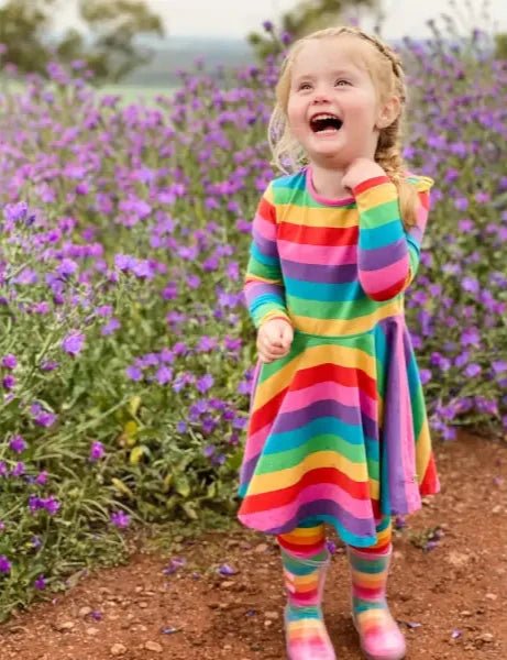 Frugi Organic Sofia Skater Dress Foxglove Rainbow Stripe - Dresses
