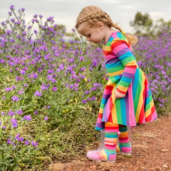 Frugi Organic Sofia Skater Dress Foxglove Rainbow Stripe - Dresses