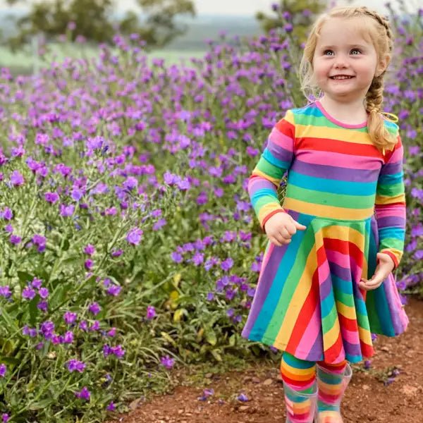 Frugi Organic Sofia Skater Dress Foxglove Rainbow Stripe - Dresses