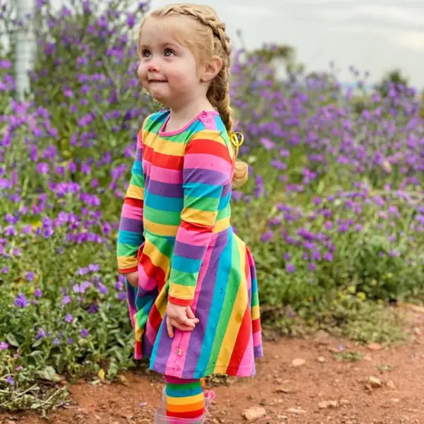 Frugi Organic Sofia Skater Dress Foxglove Rainbow Stripe - Dresses