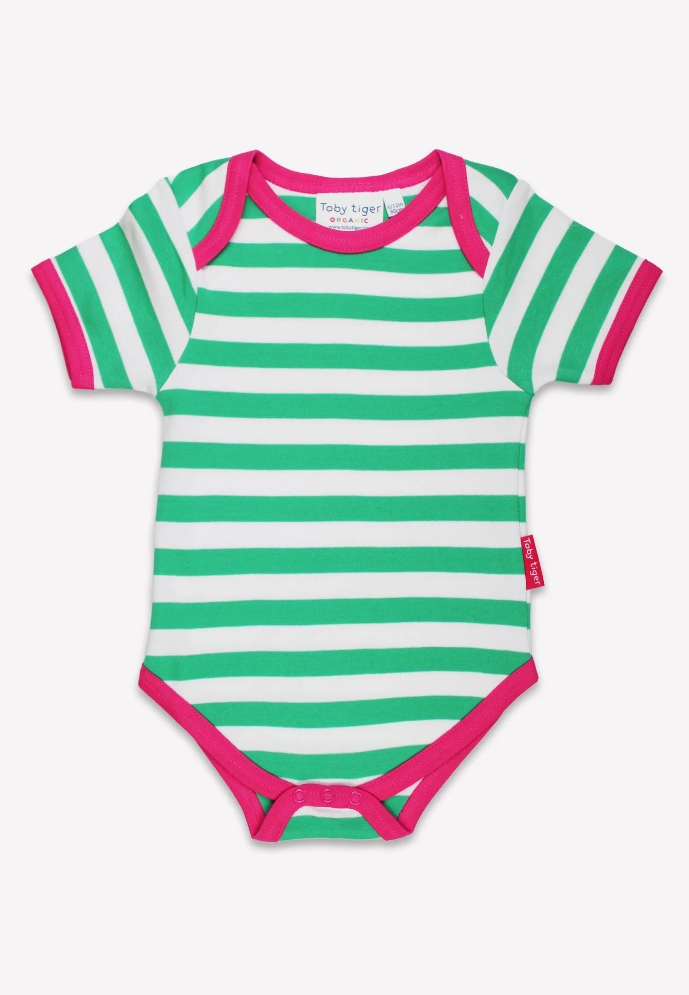 Green and white striped baby onesie with pink accents on a white background
