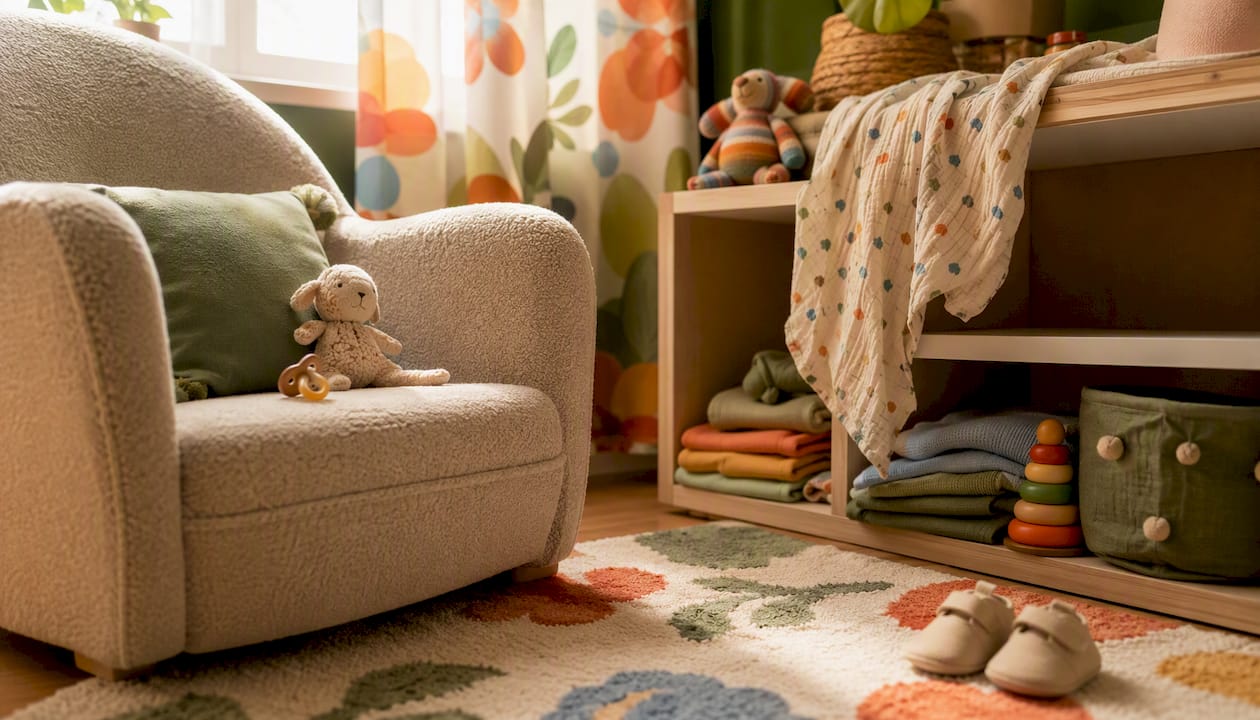 Close-up nursery corner with baby clothes and bassinet