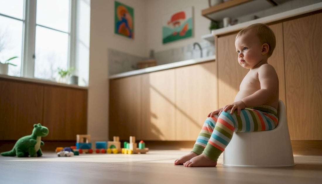 Toddler in elastic-waist pants using potty chair