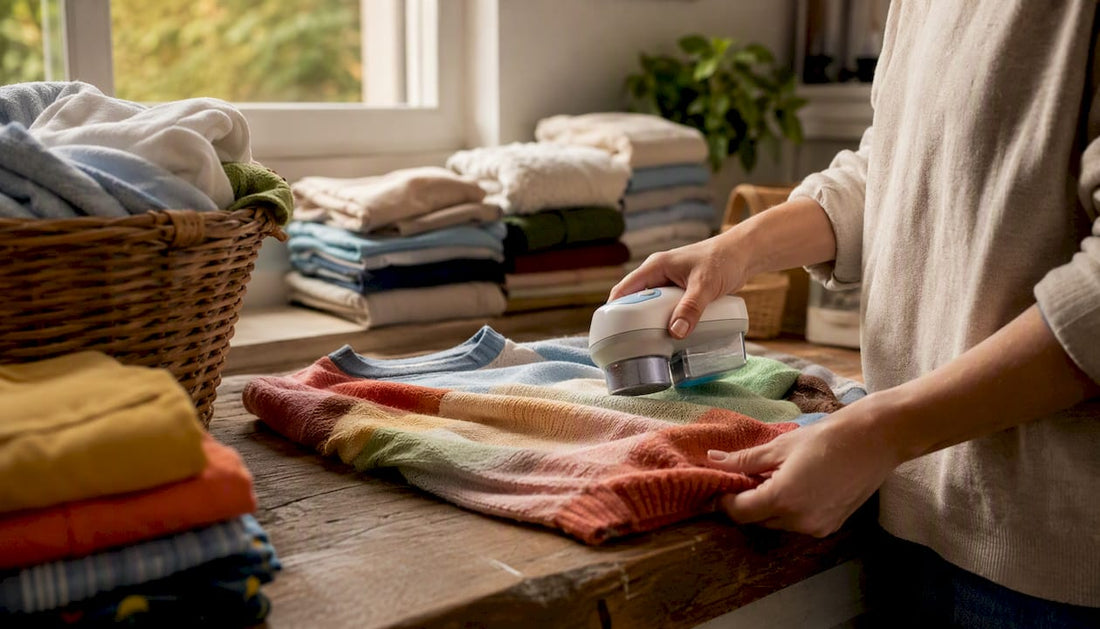 Hands using fabric shaver on kids sweater