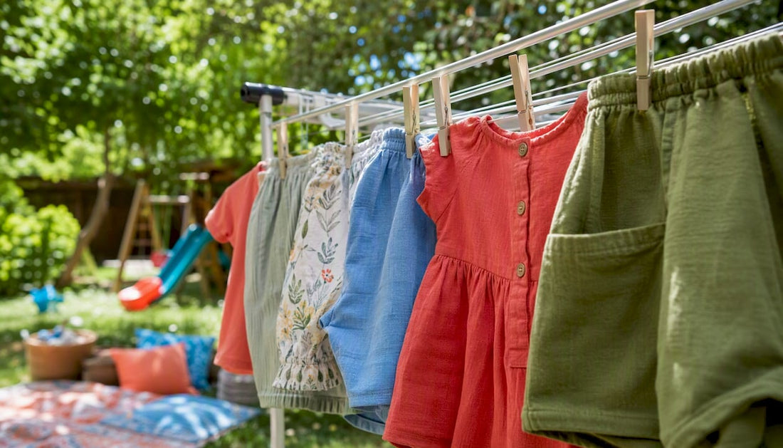 Kids summer Christmas outfits hanging on line outdoors