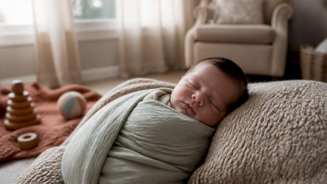 Newborn swaddled in organic cotton wrap
