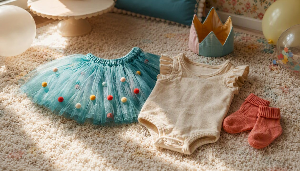 Flat lay of organic kids birthday outfit elements