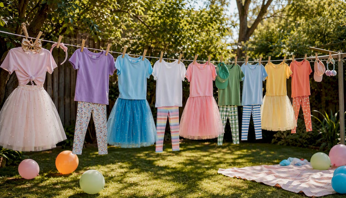 Kids party outfit choices displayed on rack