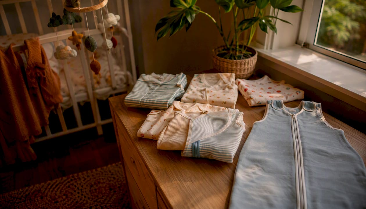 Stack of organic baby sleepwear layers in nursery