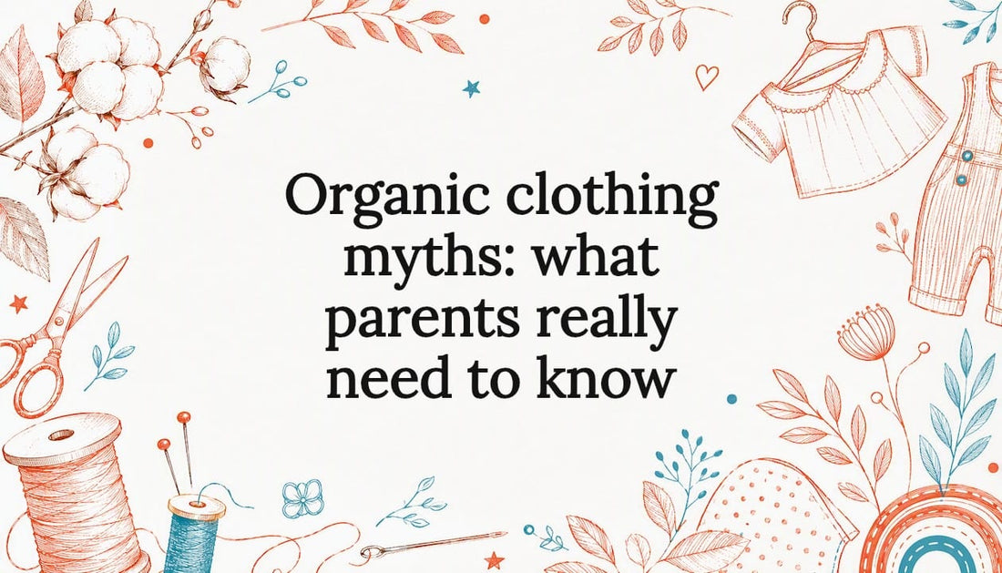 Decorative title card illustration of organic kids clothing symbols
