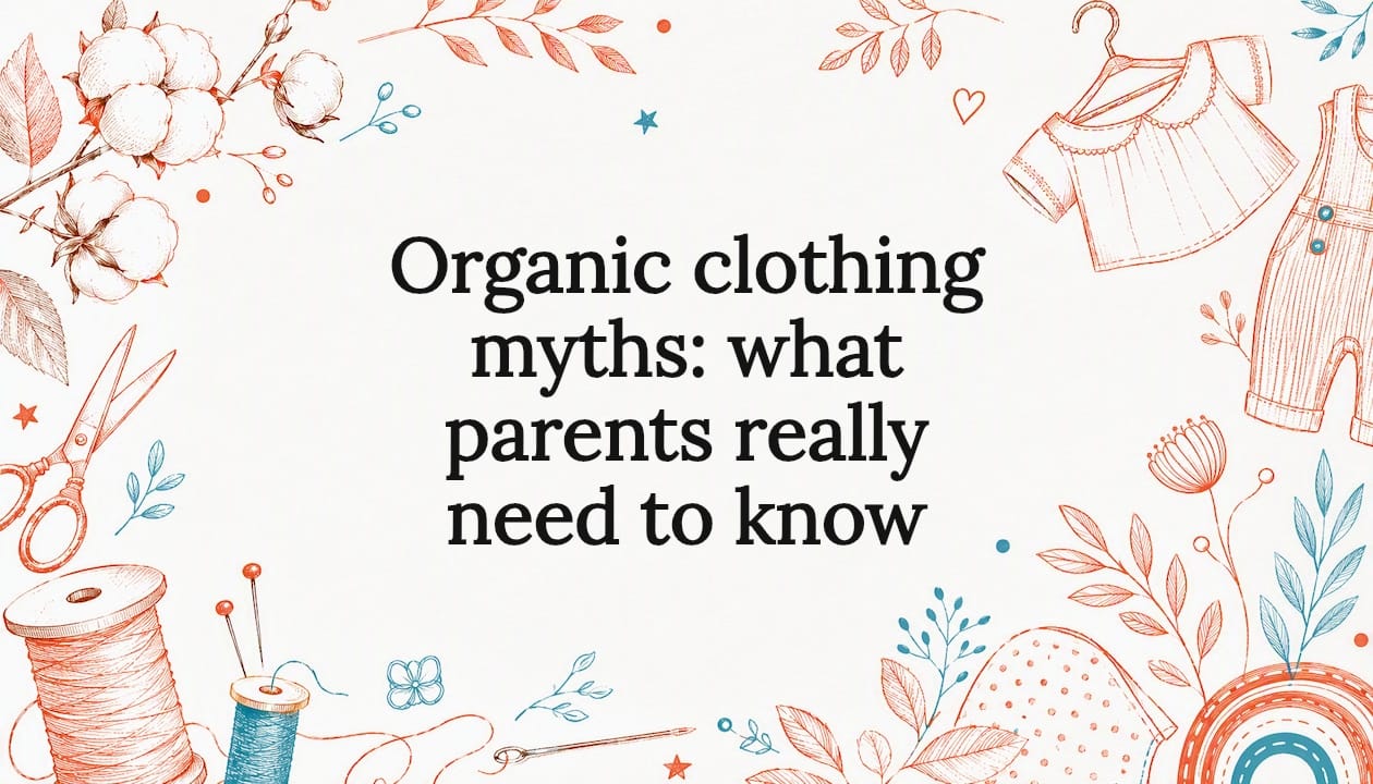 Decorative title card illustration of organic kids clothing symbols