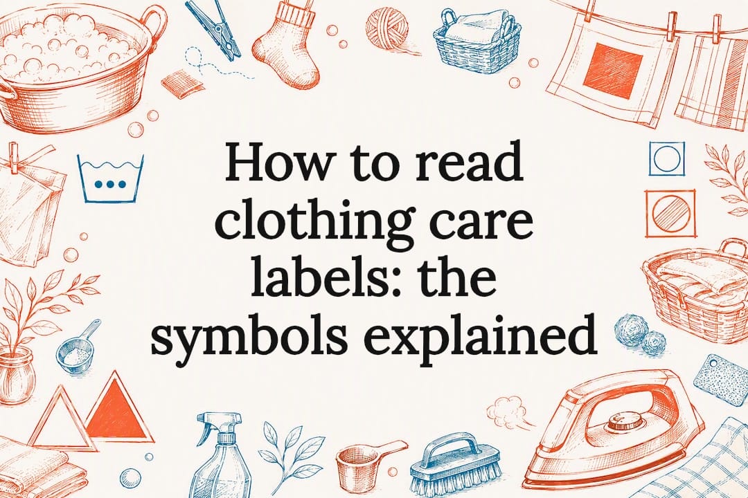 Decorative title card illustration of clothing care icons