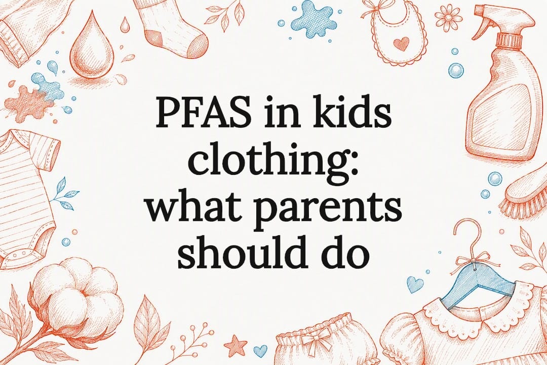 Decorative title card illustration about children's clothing and PFAS