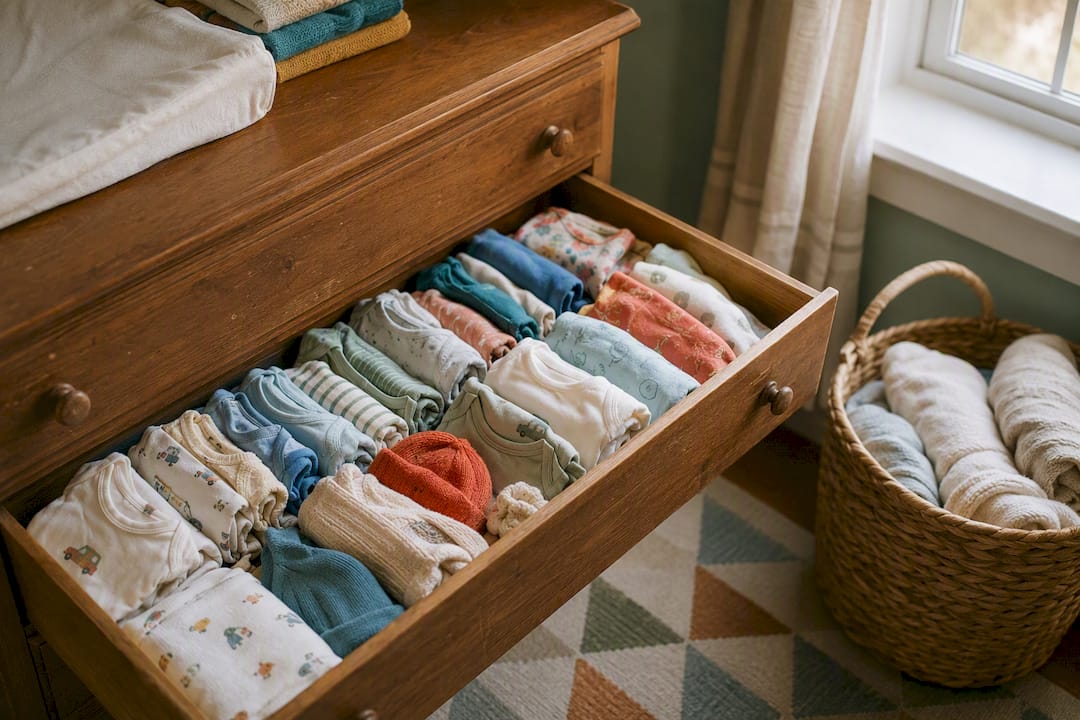 Neatly organized baby clothes in nursery dresser