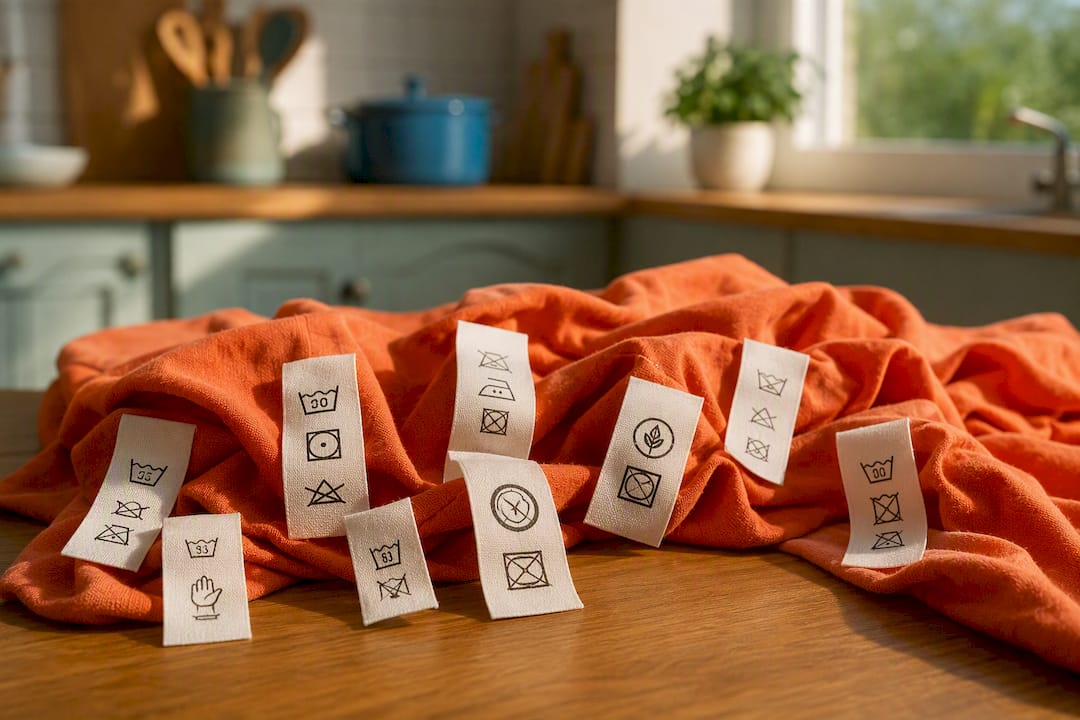 Close-up of clothing certification labels on fabric