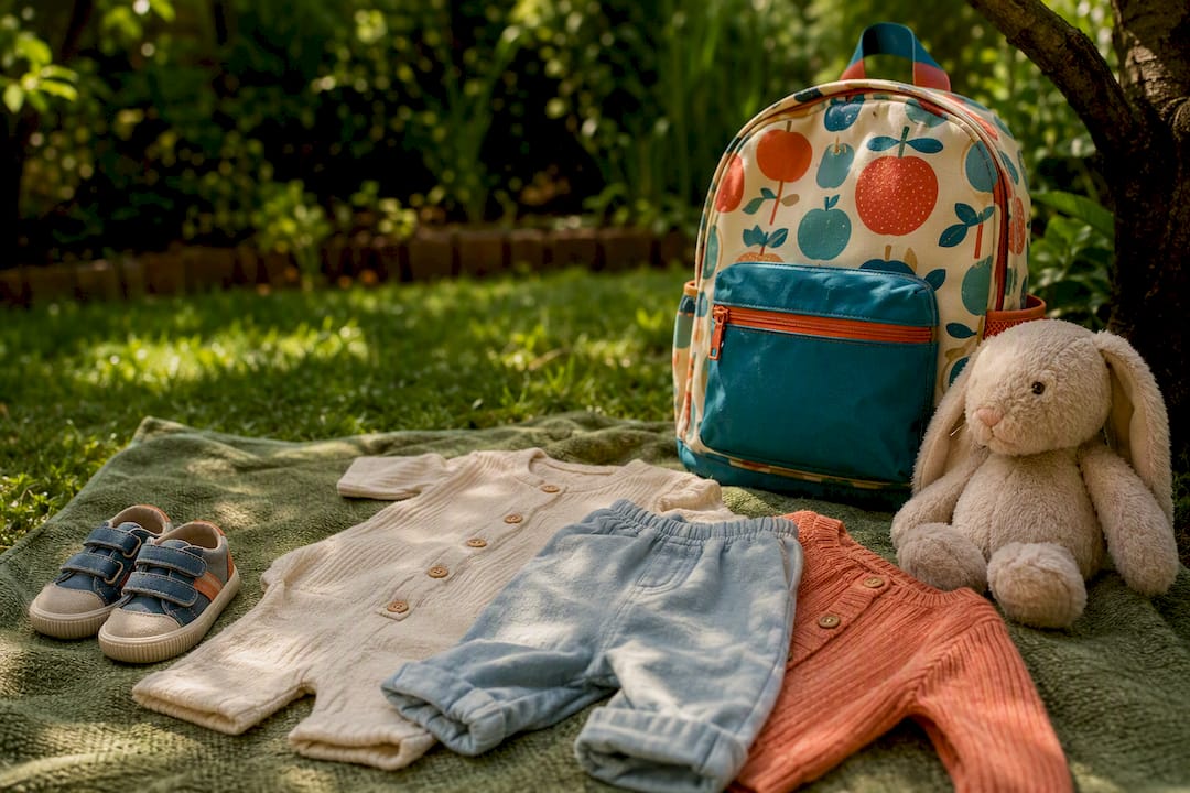 Daycare outfit folded on bed with toys
