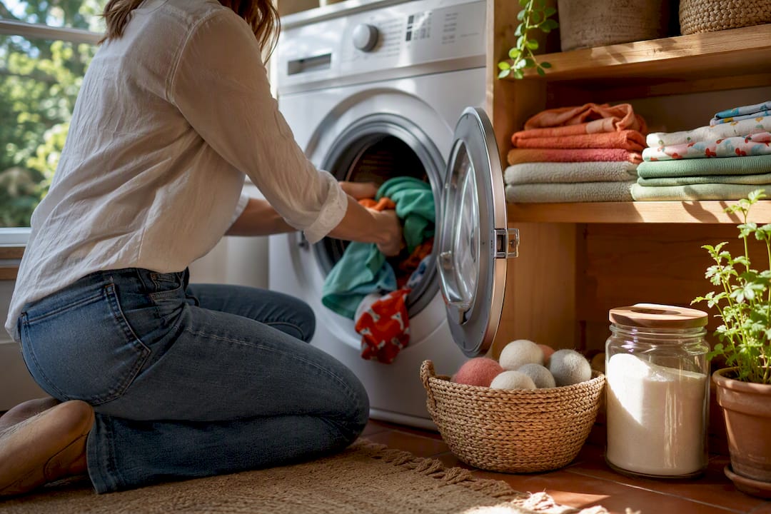 Hands loading washing machine with eco detergent