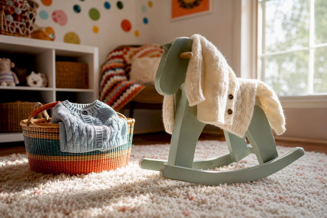 Cozy baby knitwear in nursery corner