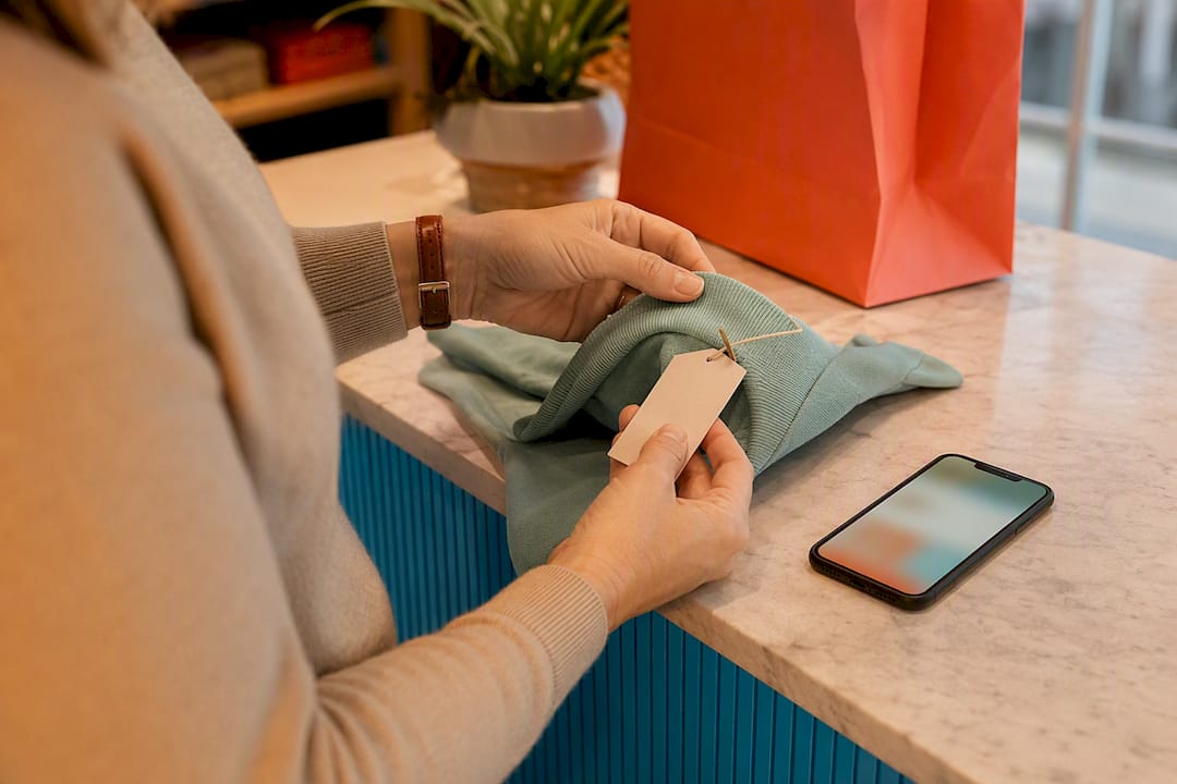 Parent checking kidswear claims at checkout