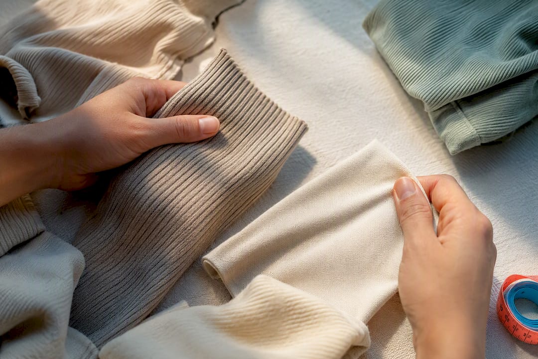 Hands comparing ribbed and jersey fabric textures