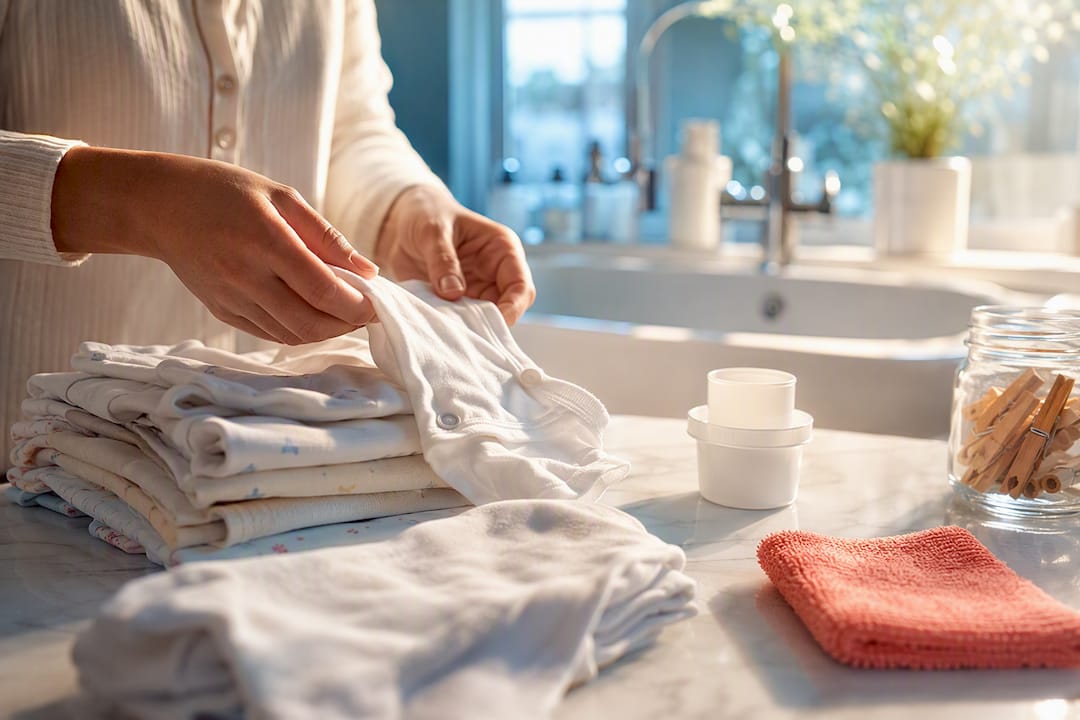 Hands sorting baby clothes for washing