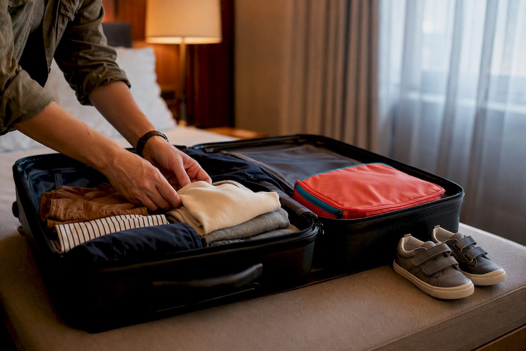 Compact children’s travel wardrobe in suitcase
