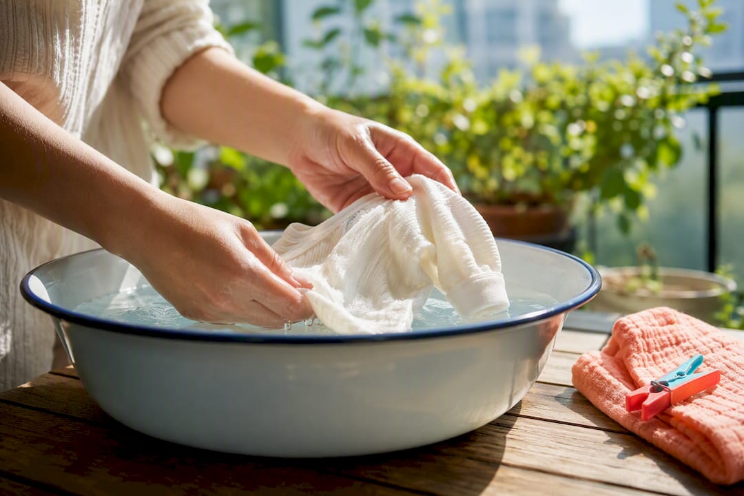 Parent rinsing an anonymous baby garment