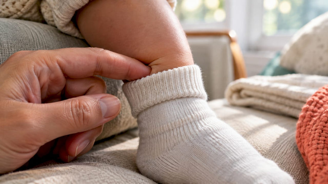 Finger checking room beneath baby sock cuff