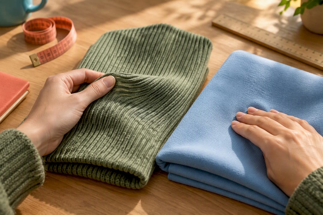 Hands comparing rib and interlock cotton fabrics