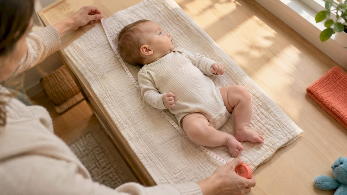 Parent measuring baby length at home