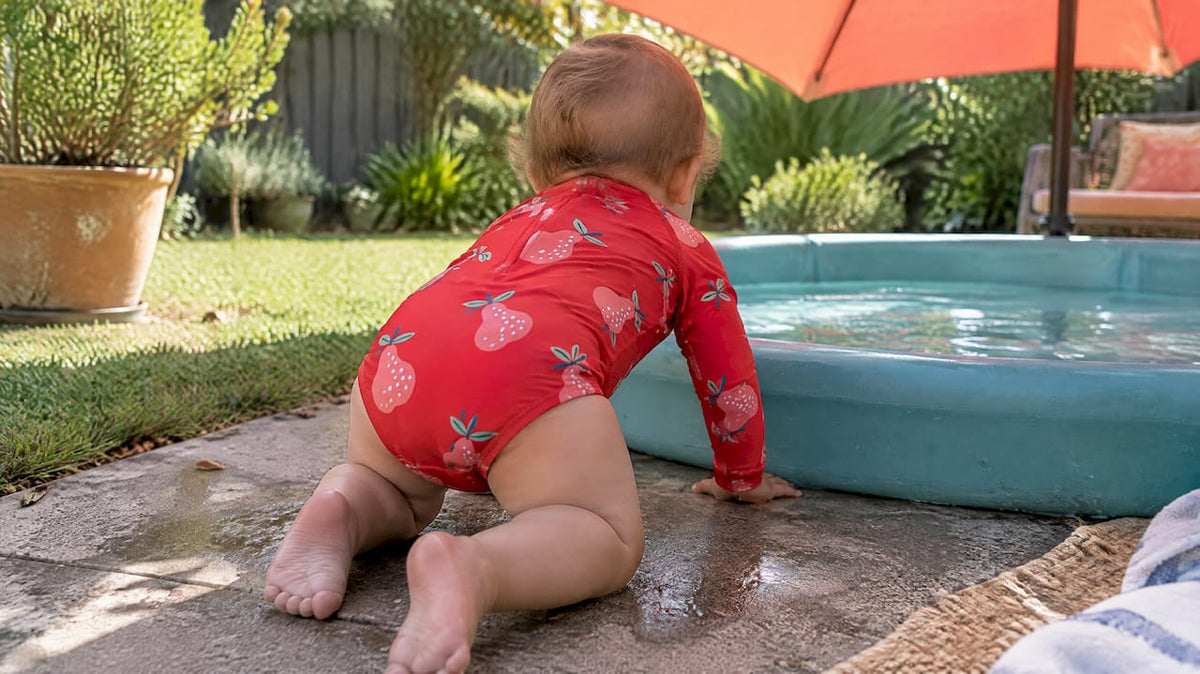 Baby wearing a sun-safe printed swimsuit