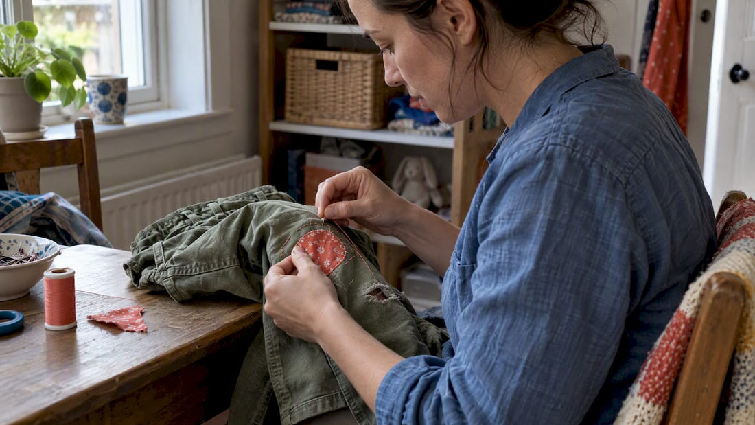 Parent stitching a visible patch on kids clothing