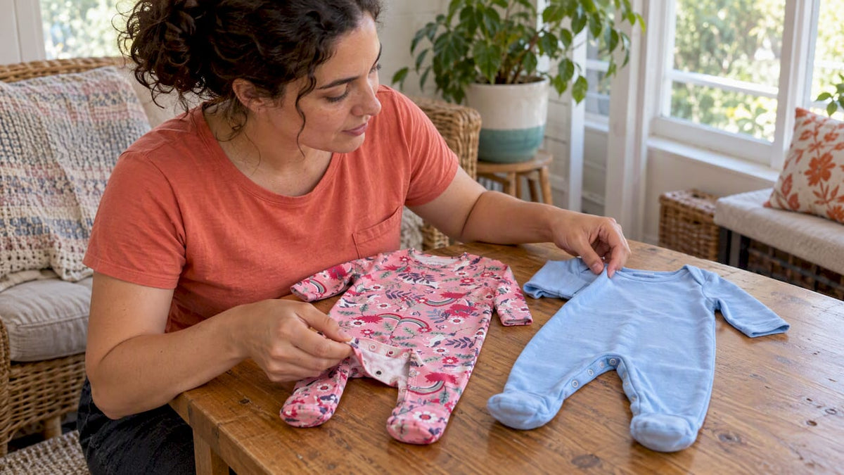 Parent comparing garment closures and leg coverage