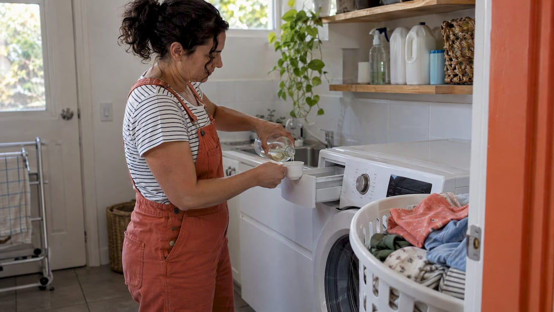 Parent adding vinegar to a washing machine
