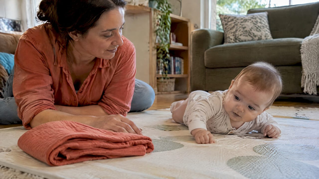 Caregiver supervises rolling baby beside folded wrap