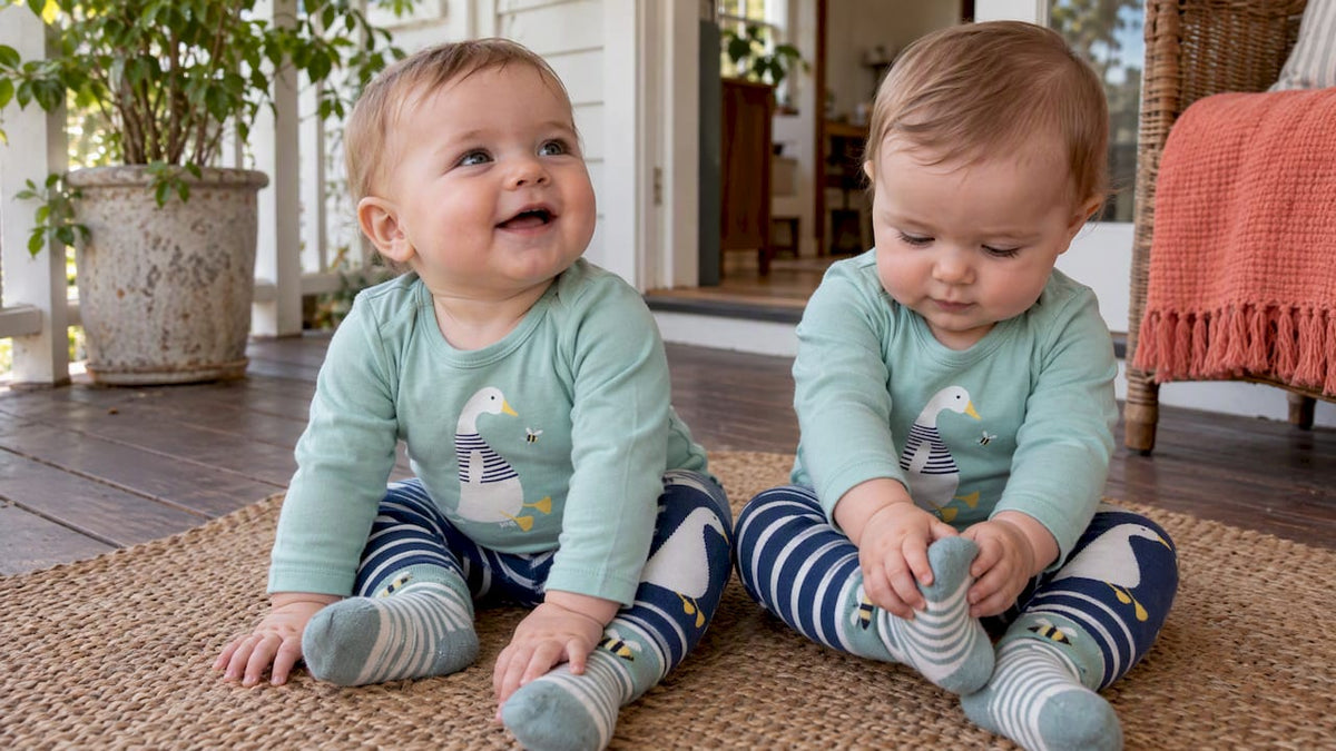 Twins in coordinated everyday baby outfits