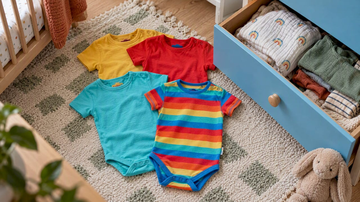 Frugi rainbow print bodysuits beside nursery drawer