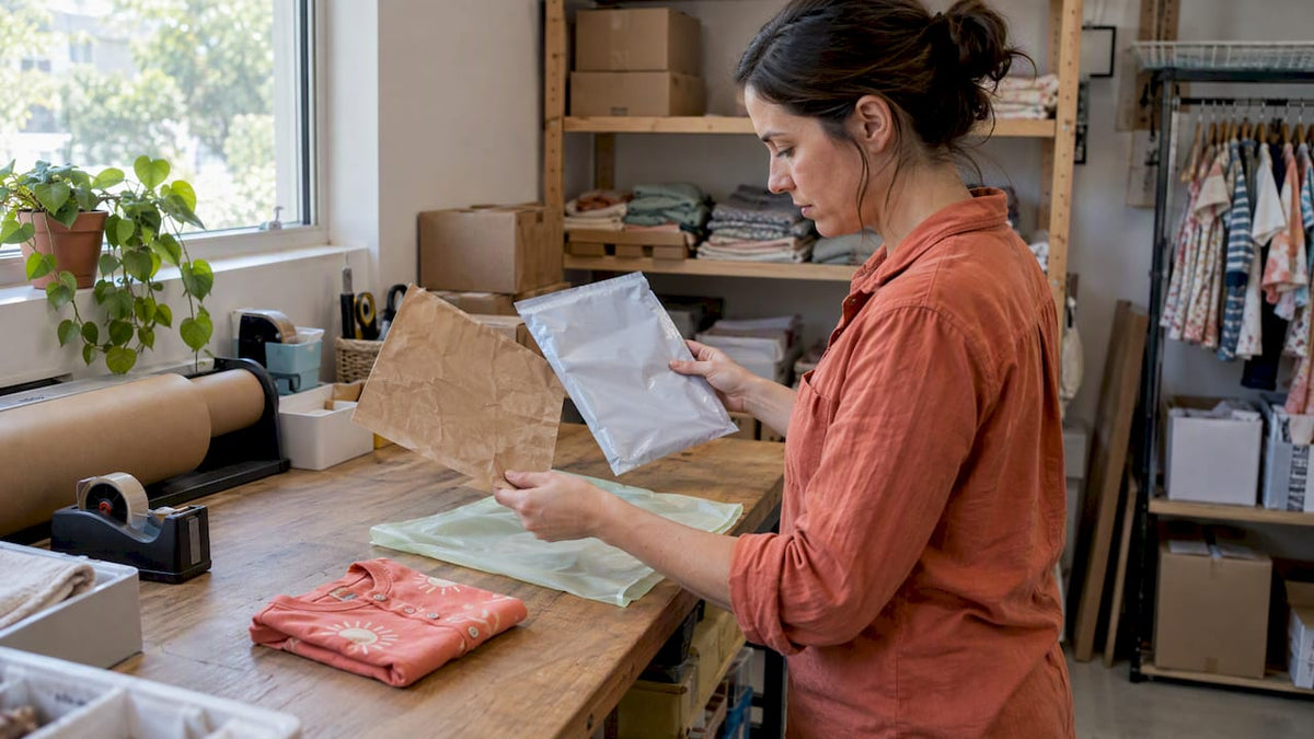 Packer comparing packaging materials beside clothing